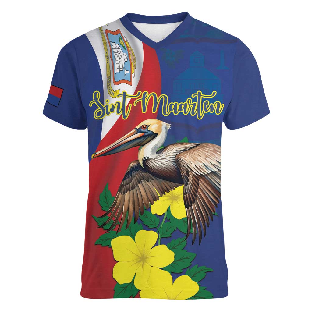 Personalized Sint Maarten Flag Day Women V-Neck T-Shirt 40th Anniversary Semper Progrediens