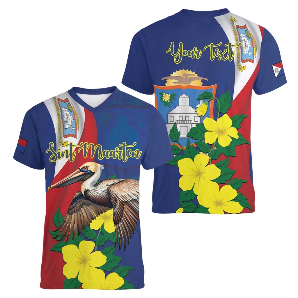 Personalized Sint Maarten Flag Day Women V-Neck T-Shirt 40th Anniversary Semper Progrediens