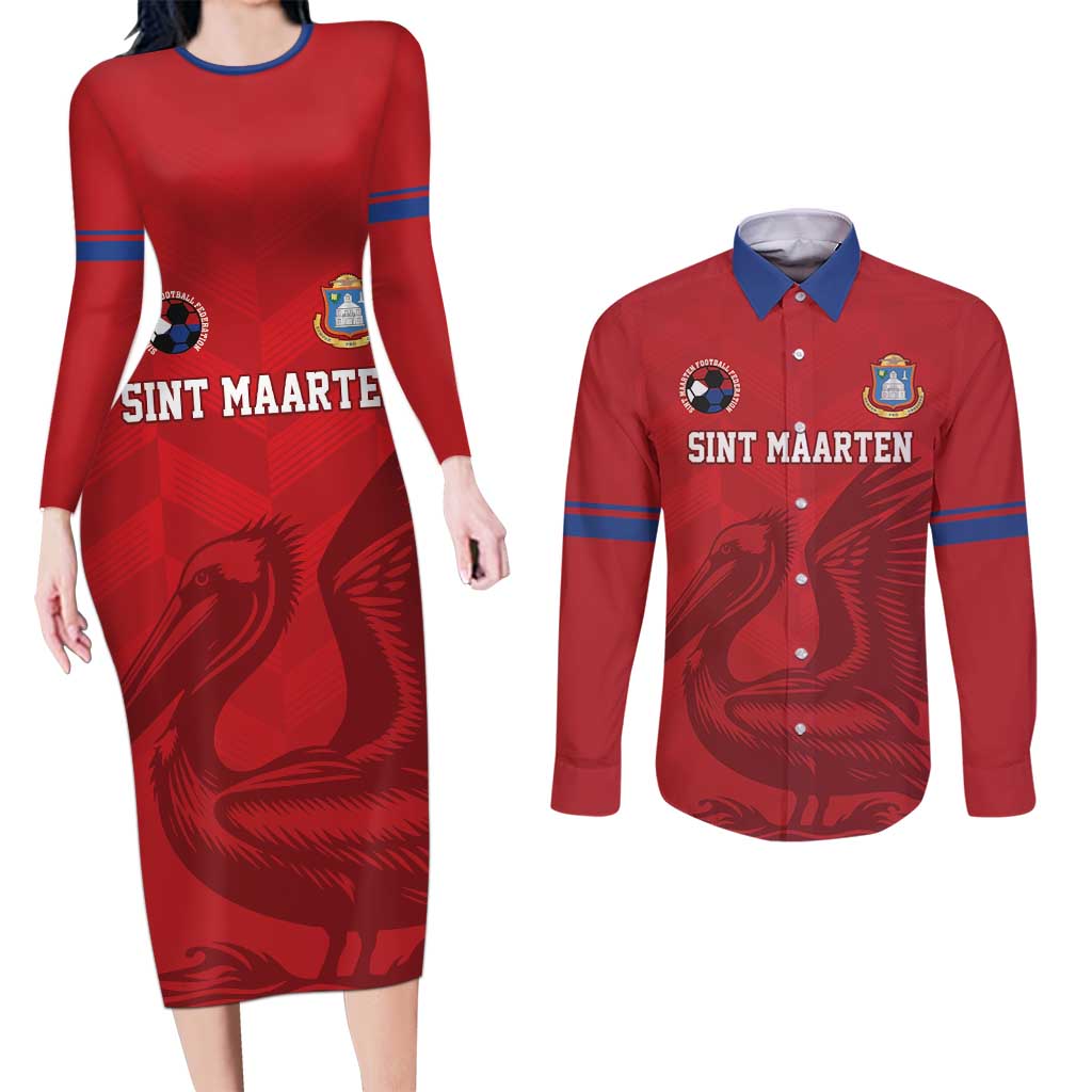 Custom Sint Maarten Football Red Version Couples Matching Long Sleeve Bodycon Dress and Long Sleeve Button Shirt Go Champion