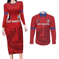 Custom Sint Maarten Football Red Version Couples Matching Long Sleeve Bodycon Dress and Long Sleeve Button Shirt Go Champion