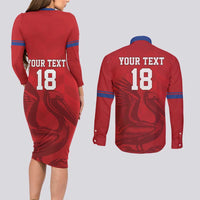 Custom Sint Maarten Football Red Version Couples Matching Long Sleeve Bodycon Dress and Long Sleeve Button Shirt Go Champion