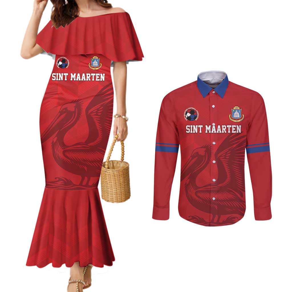 Custom Sint Maarten Football Red Version Couples Matching Mermaid Dress and Long Sleeve Button Shirt Go Champion