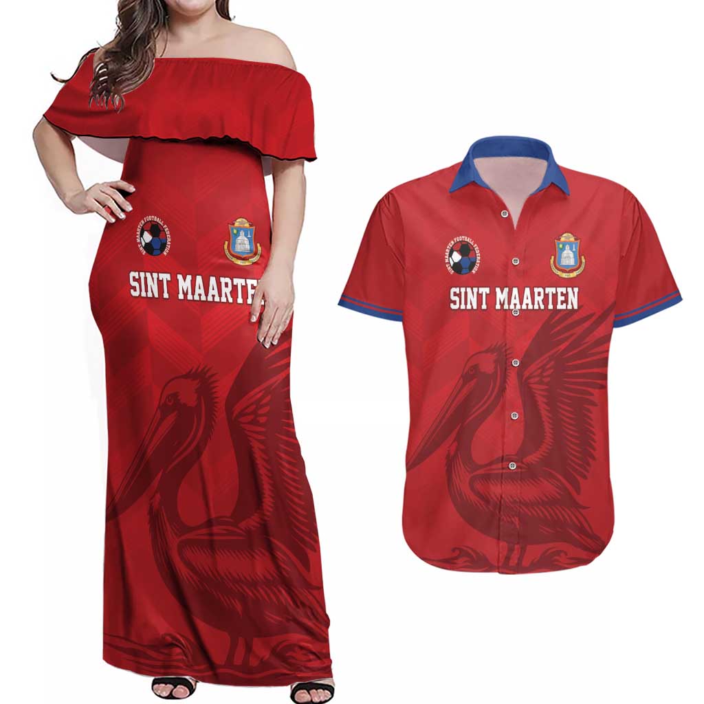 Custom Sint Maarten Football Red Version Couples Matching Off Shoulder Maxi Dress and Hawaiian Shirt Go Champion