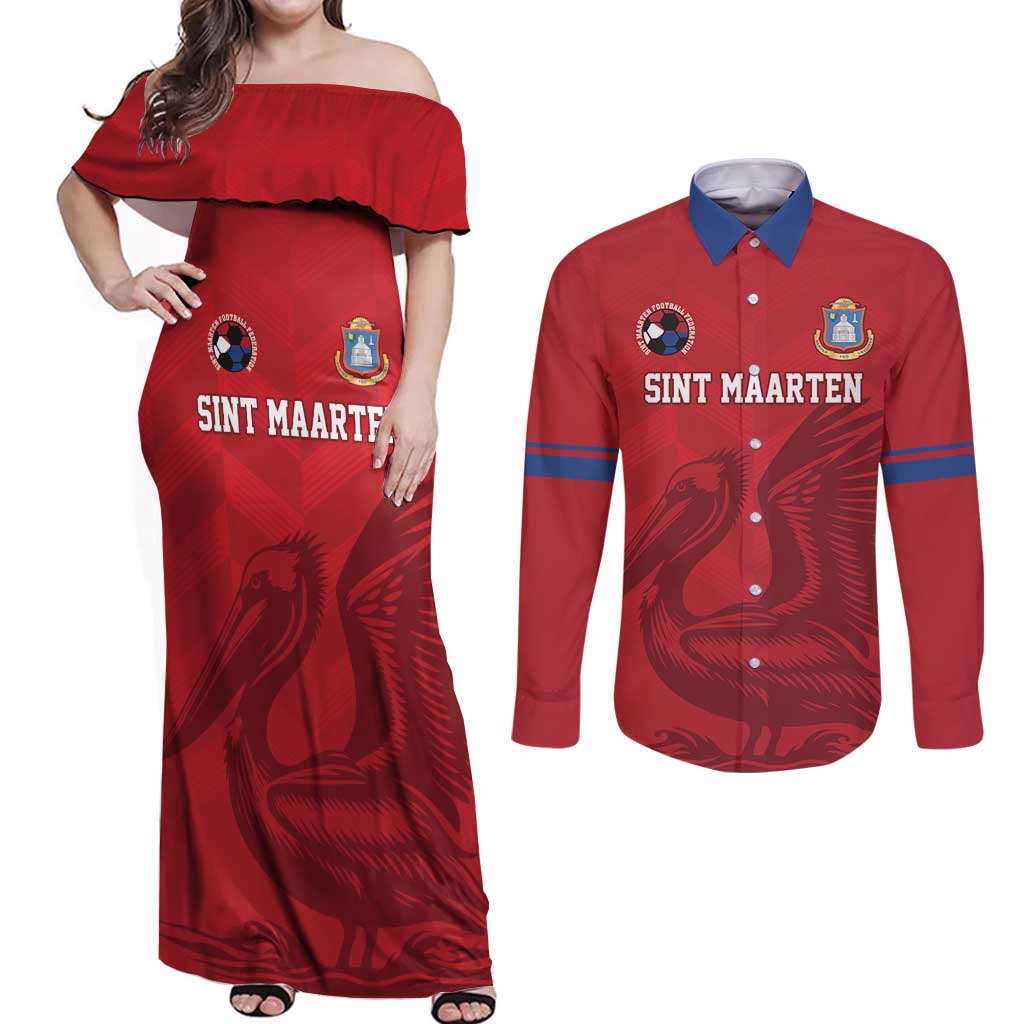 Custom Sint Maarten Football Red Version Couples Matching Off Shoulder Maxi Dress and Long Sleeve Button Shirt Go Champion