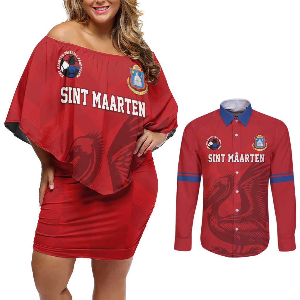 Custom Sint Maarten Football Red Version Couples Matching Off Shoulder Short Dress and Long Sleeve Button Shirt Go Champion