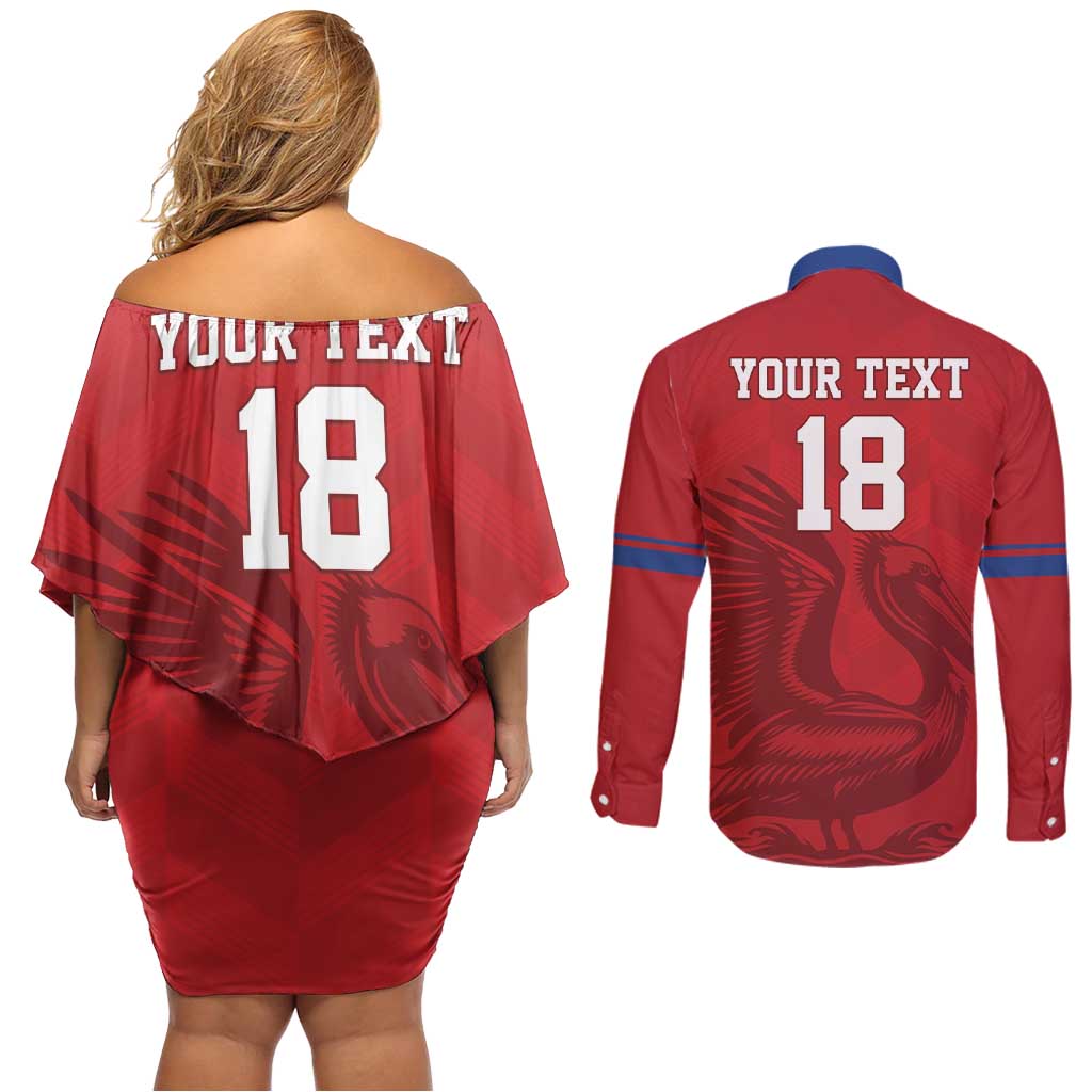 Custom Sint Maarten Football Red Version Couples Matching Off Shoulder Short Dress and Long Sleeve Button Shirt Go Champion