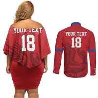 Custom Sint Maarten Football Red Version Couples Matching Off Shoulder Short Dress and Long Sleeve Button Shirt Go Champion