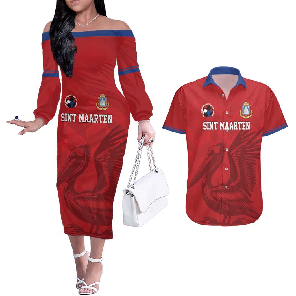 Custom Sint Maarten Football Red Version Couples Matching Off The Shoulder Long Sleeve Dress and Hawaiian Shirt Go Champion