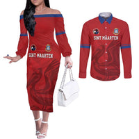 Custom Sint Maarten Football Red Version Couples Matching Off The Shoulder Long Sleeve Dress and Long Sleeve Button Shirt Go Champion