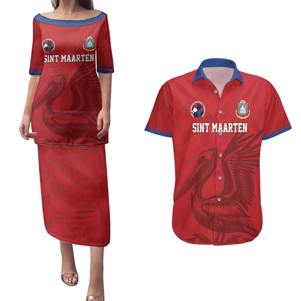 Custom Sint Maarten Football Red Version Couples Matching Puletasi and Hawaiian Shirt Go Champion