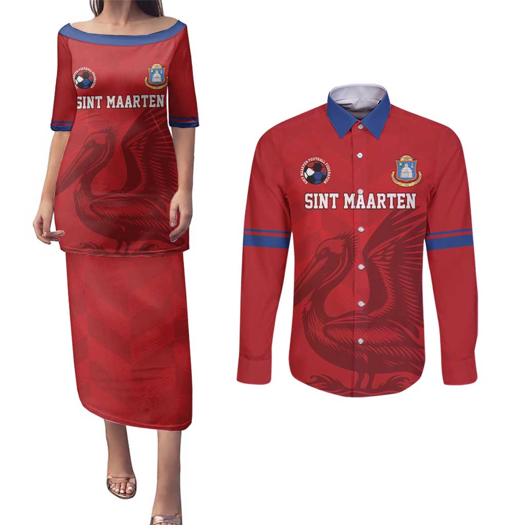 Custom Sint Maarten Football Red Version Couples Matching Puletasi and Long Sleeve Button Shirt Go Champion
