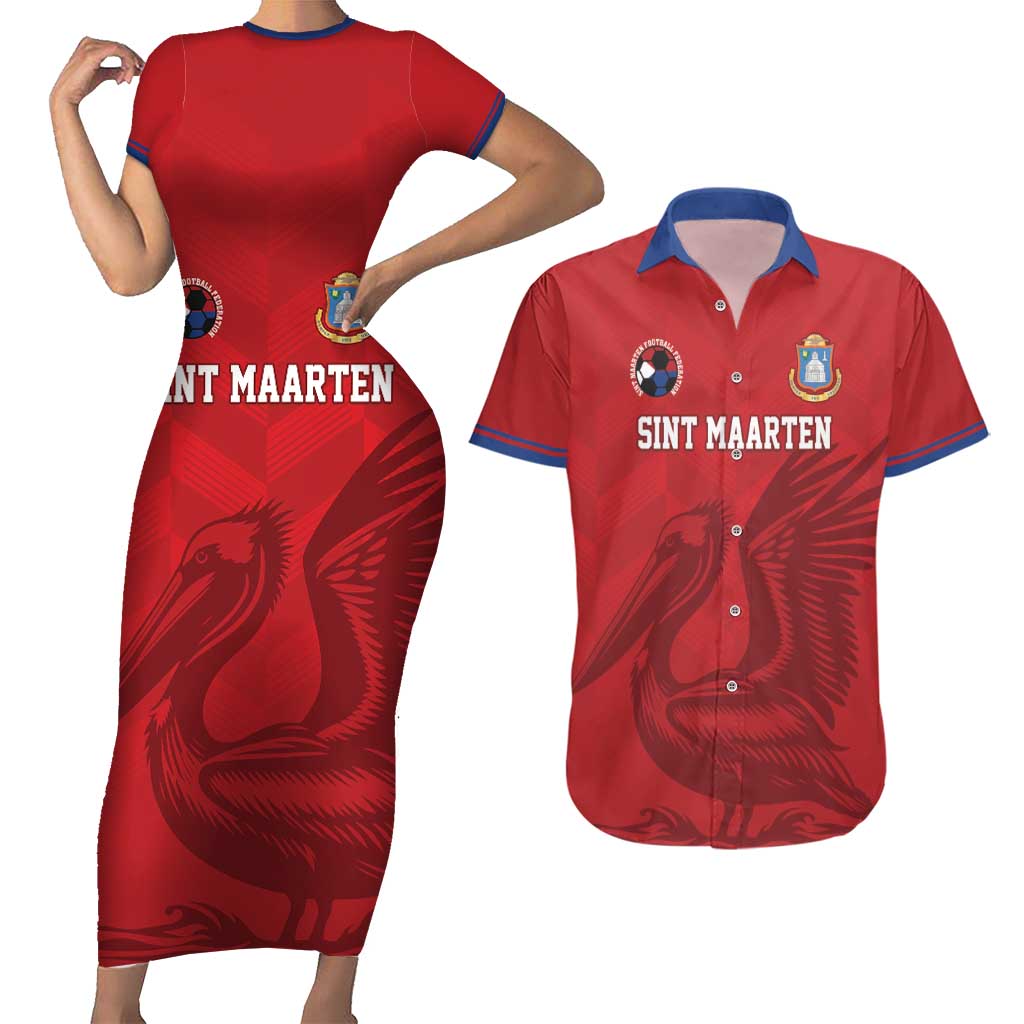 Custom Sint Maarten Football Red Version Couples Matching Short Sleeve Bodycon Dress and Hawaiian Shirt Go Champion