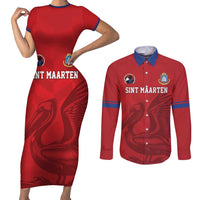 Custom Sint Maarten Football Red Version Couples Matching Short Sleeve Bodycon Dress and Long Sleeve Button Shirt Go Champion