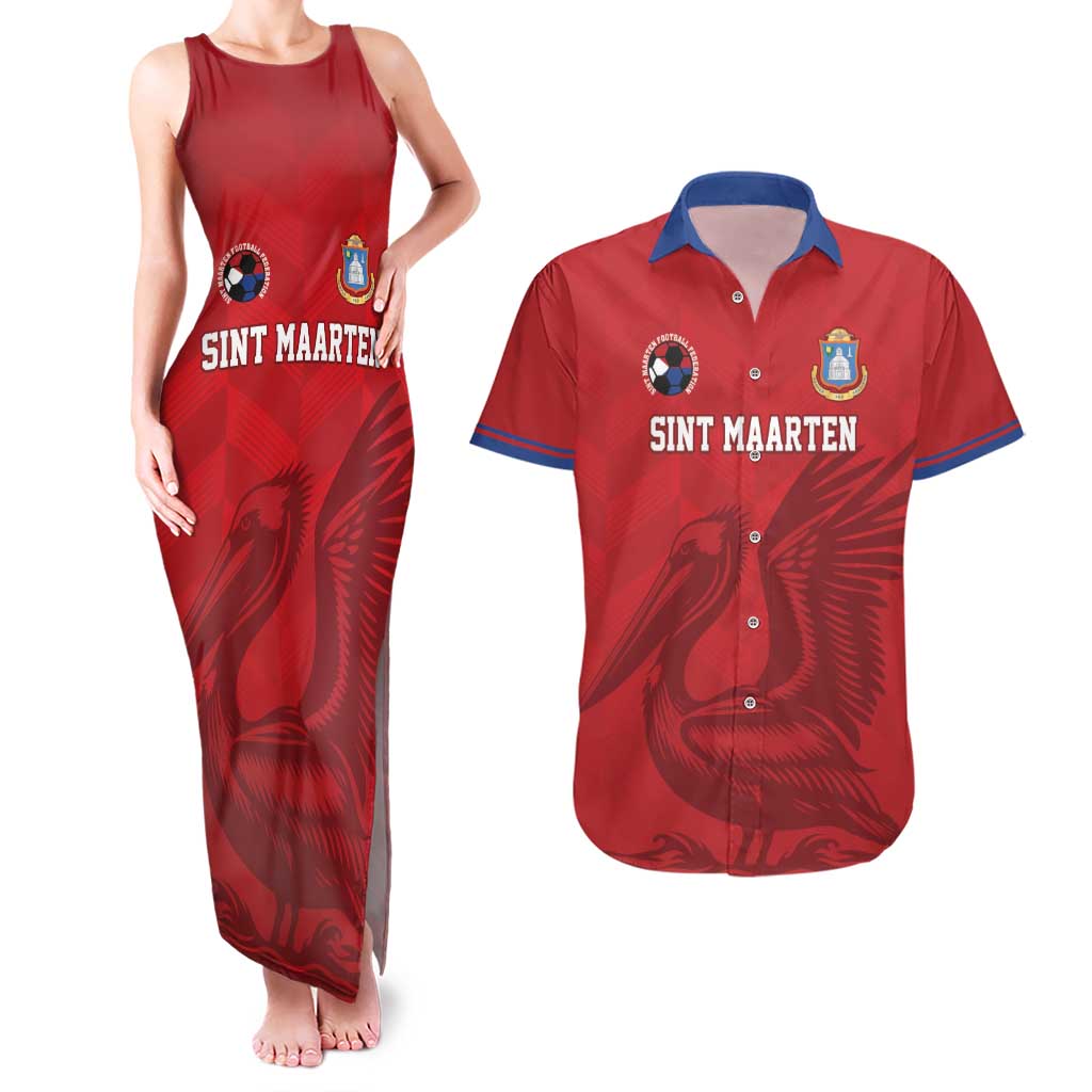 Custom Sint Maarten Football Red Version Couples Matching Tank Maxi Dress and Hawaiian Shirt Go Champion