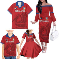 Custom Sint Maarten Football Red Version Family Matching Off The Shoulder Long Sleeve Dress and Hawaiian Shirt Go Champion