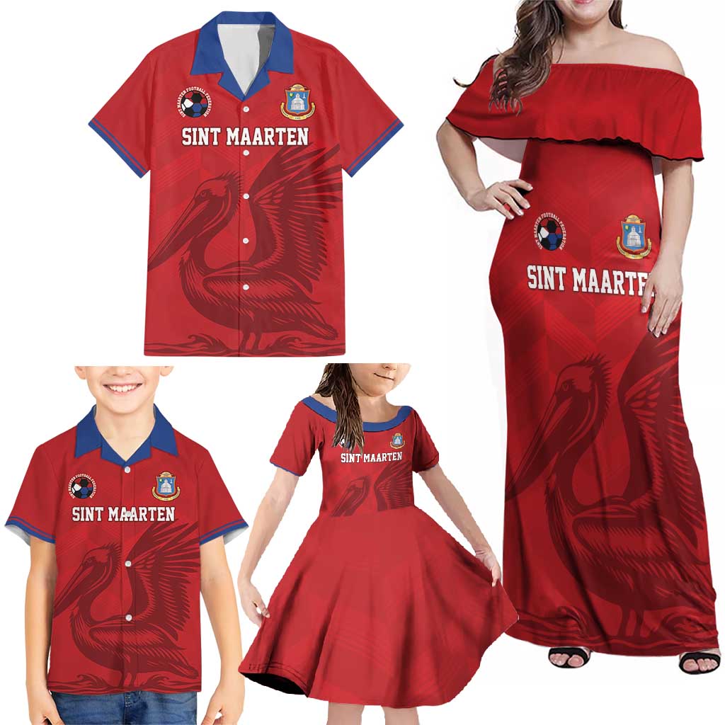 Custom Sint Maarten Football Red Version Family Matching Off Shoulder Maxi Dress and Hawaiian Shirt Go Champion