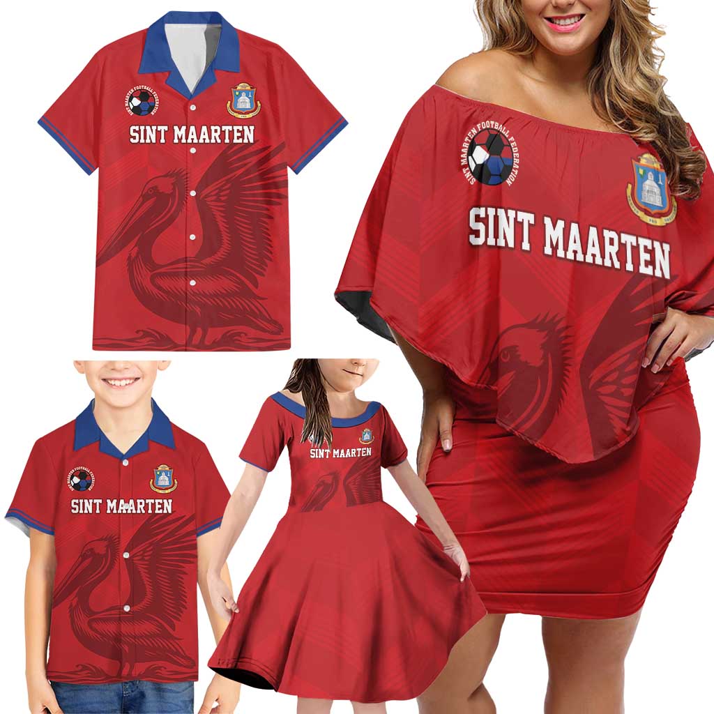 Custom Sint Maarten Football Red Version Family Matching Off Shoulder Short Dress and Hawaiian Shirt Go Champion