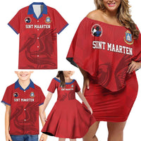 Custom Sint Maarten Football Red Version Family Matching Off Shoulder Short Dress and Hawaiian Shirt Go Champion