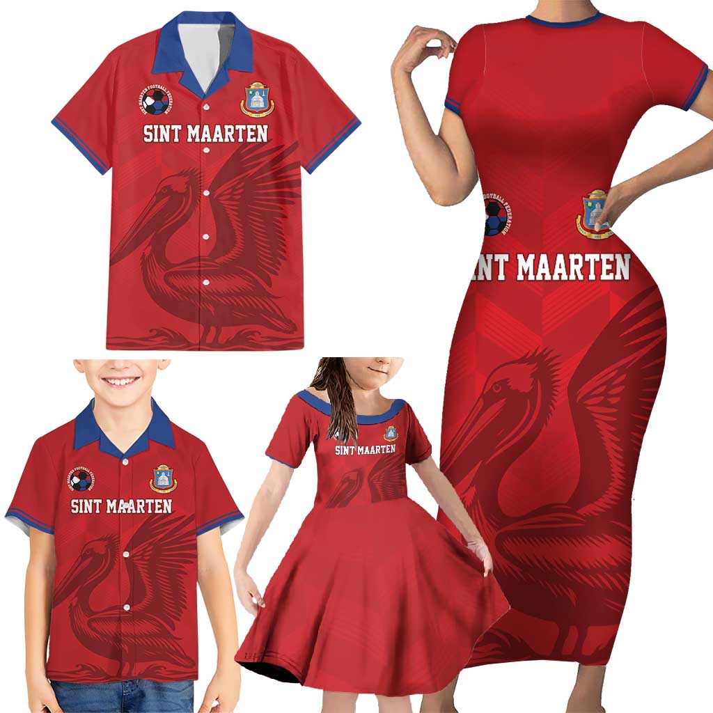 Custom Sint Maarten Football Red Version Family Matching Short Sleeve Bodycon Dress and Hawaiian Shirt Go Champion