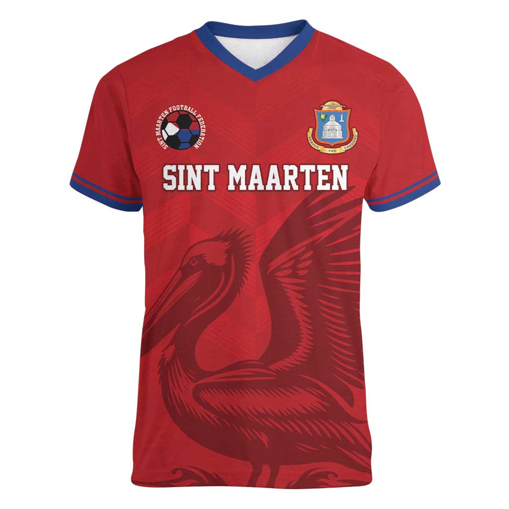Custom Sint Maarten Football Red Version Women V-Neck T-Shirt Go Champion