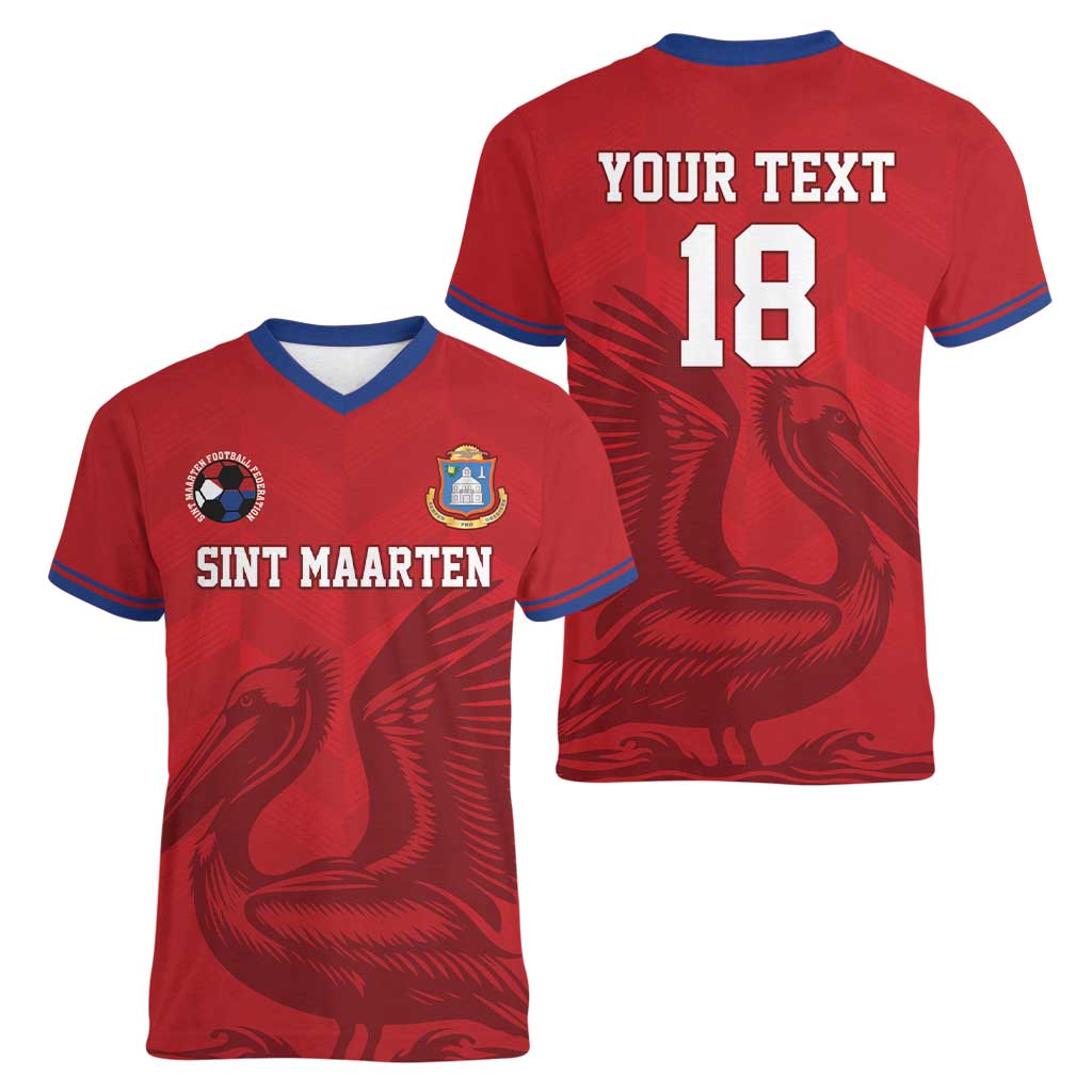 Custom Sint Maarten Football Red Version Women V-Neck T-Shirt Go Champion