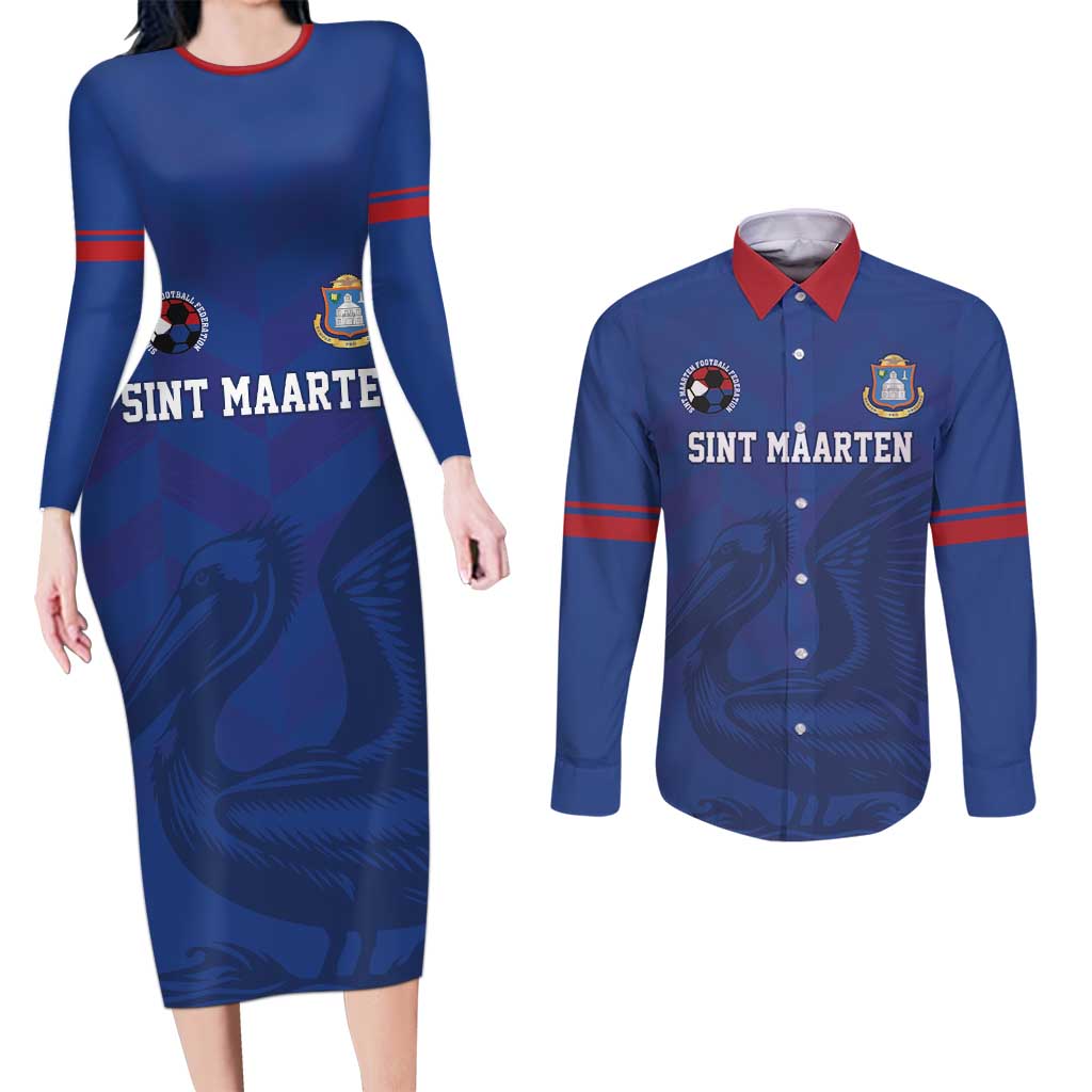 Custom Sint Maarten Football Blue Version Couples Matching Long Sleeve Bodycon Dress and Long Sleeve Button Shirt Go Champion