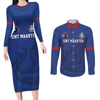 Custom Sint Maarten Football Blue Version Couples Matching Long Sleeve Bodycon Dress and Long Sleeve Button Shirt Go Champion