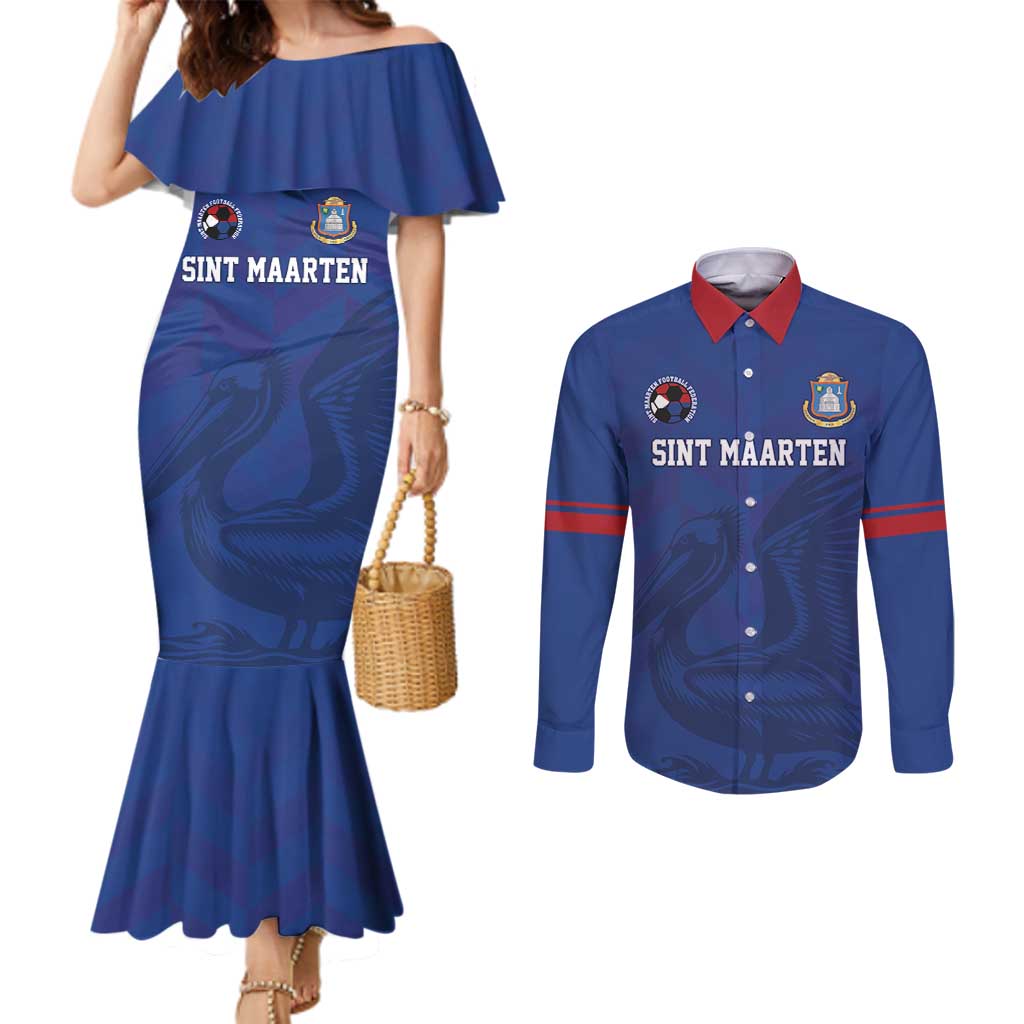 Custom Sint Maarten Football Blue Version Couples Matching Mermaid Dress and Long Sleeve Button Shirt Go Champion