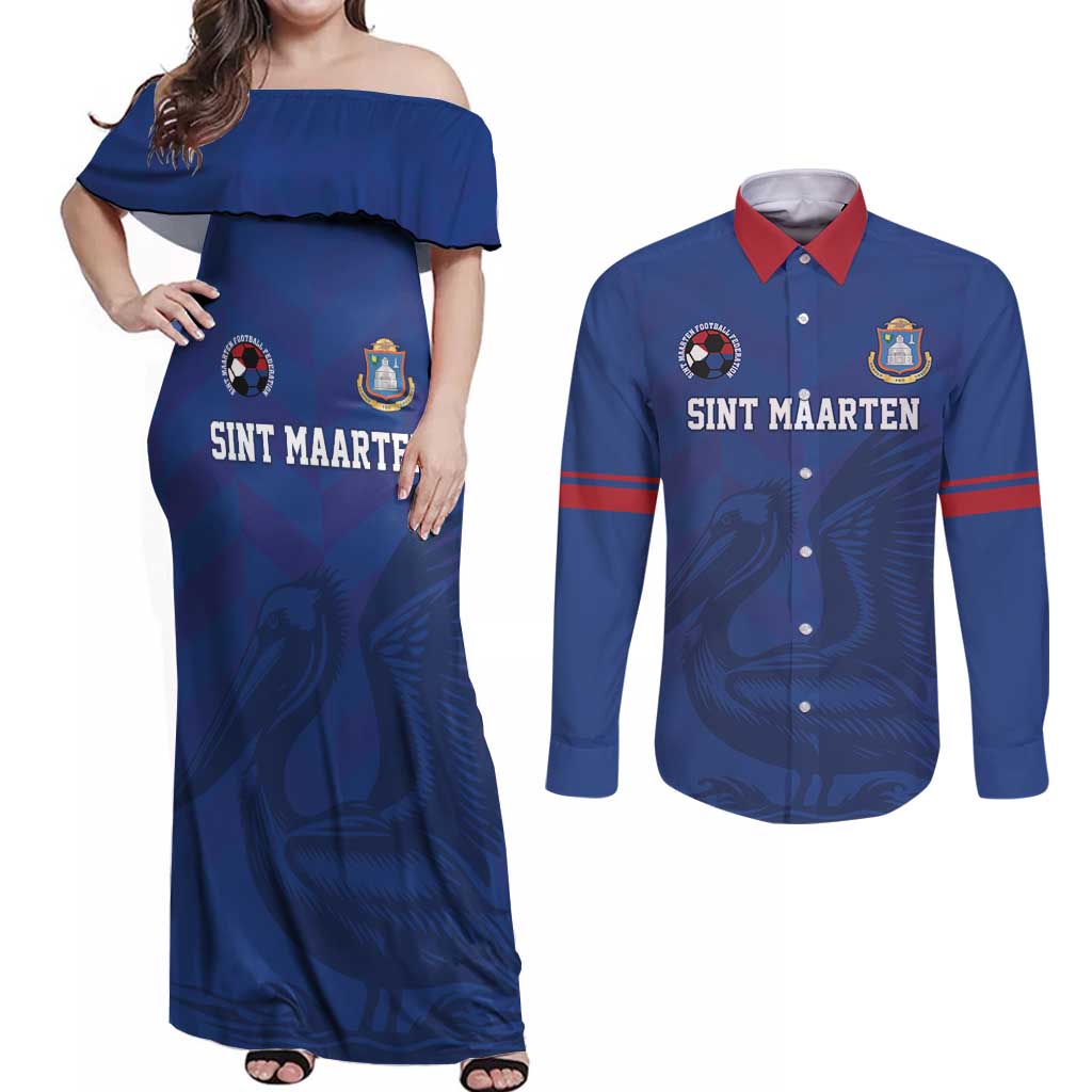Custom Sint Maarten Football Blue Version Couples Matching Off Shoulder Maxi Dress and Long Sleeve Button Shirt Go Champion