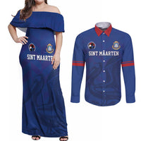 Custom Sint Maarten Football Blue Version Couples Matching Off Shoulder Maxi Dress and Long Sleeve Button Shirt Go Champion