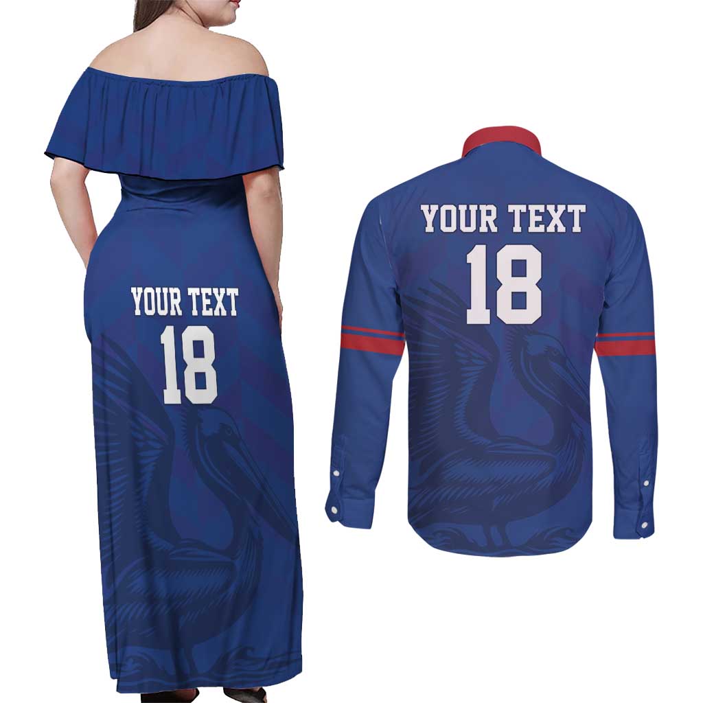 Custom Sint Maarten Football Blue Version Couples Matching Off Shoulder Maxi Dress and Long Sleeve Button Shirt Go Champion