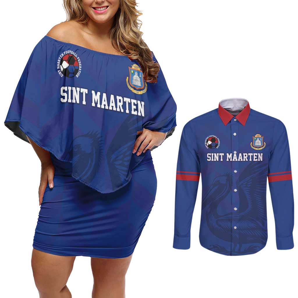 Custom Sint Maarten Football Blue Version Couples Matching Off Shoulder Short Dress and Long Sleeve Button Shirt Go Champion
