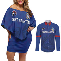 Custom Sint Maarten Football Blue Version Couples Matching Off Shoulder Short Dress and Long Sleeve Button Shirt Go Champion