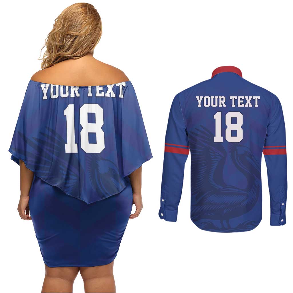 Custom Sint Maarten Football Blue Version Couples Matching Off Shoulder Short Dress and Long Sleeve Button Shirt Go Champion