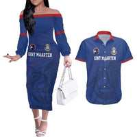Custom Sint Maarten Football Blue Version Couples Matching Off The Shoulder Long Sleeve Dress and Hawaiian Shirt Go Champion