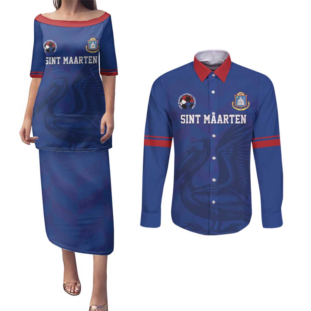Custom Sint Maarten Football Blue Version Couples Matching Puletasi and Long Sleeve Button Shirt Go Champion