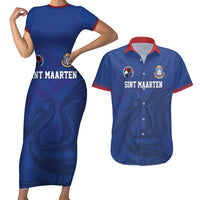Custom Sint Maarten Football Blue Version Couples Matching Short Sleeve Bodycon Dress and Hawaiian Shirt Go Champion