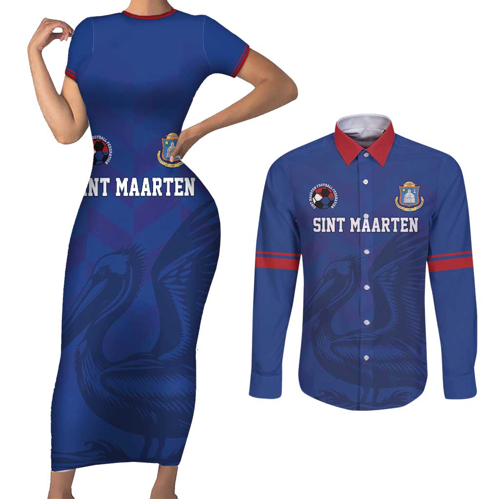Custom Sint Maarten Football Blue Version Couples Matching Short Sleeve Bodycon Dress and Long Sleeve Button Shirt Go Champion