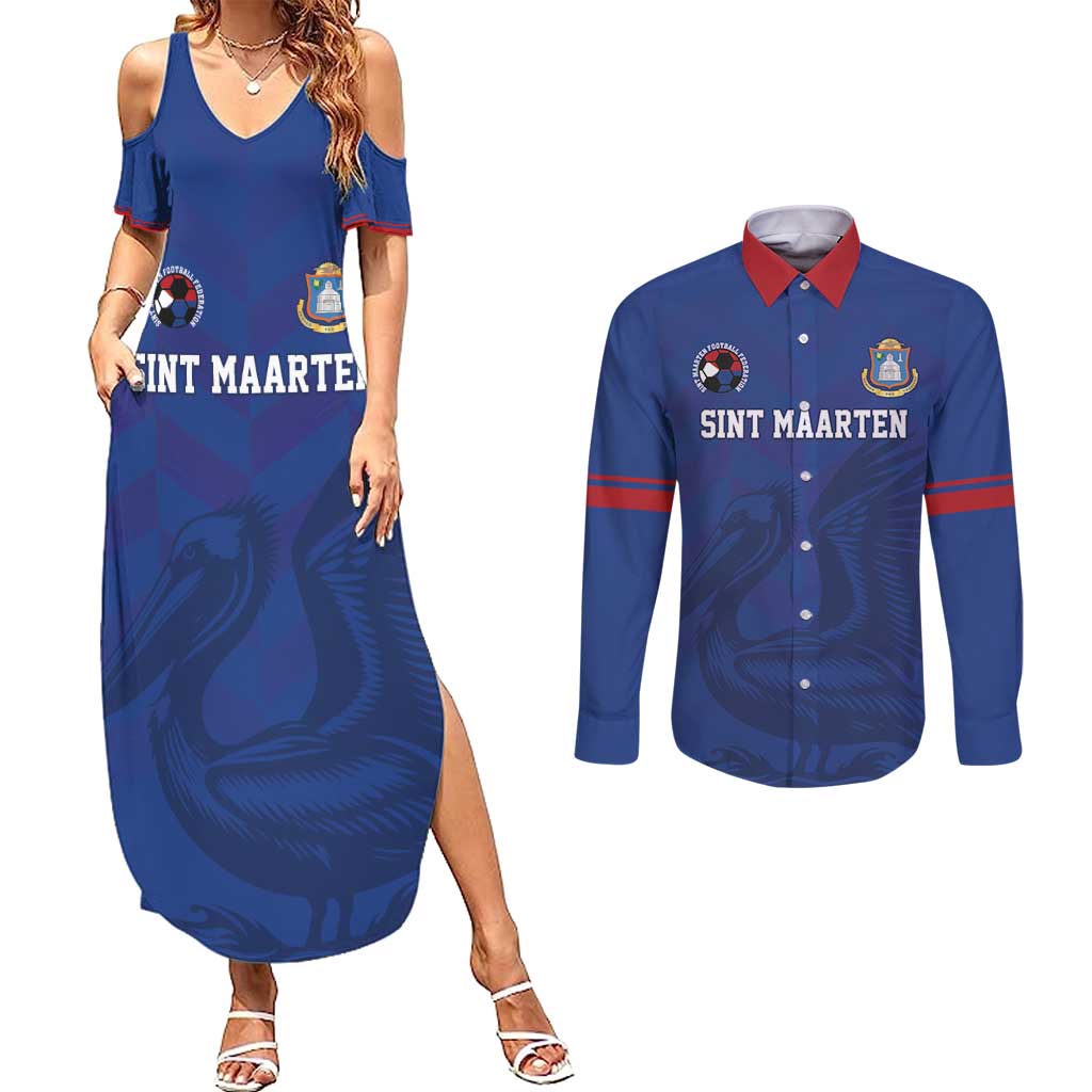 Custom Sint Maarten Football Blue Version Couples Matching Summer Maxi Dress and Long Sleeve Button Shirt Go Champion