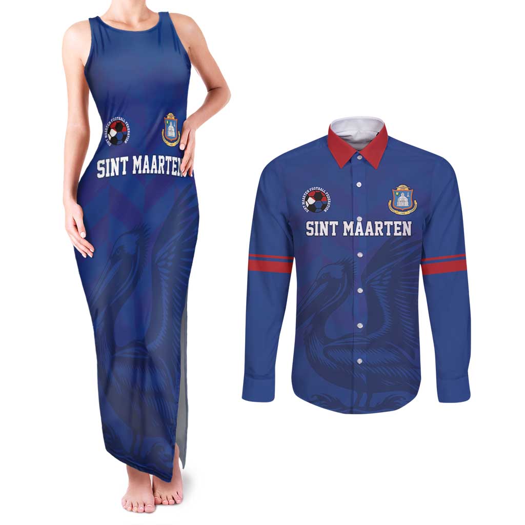 Custom Sint Maarten Football Blue Version Couples Matching Tank Maxi Dress and Long Sleeve Button Shirt Go Champion