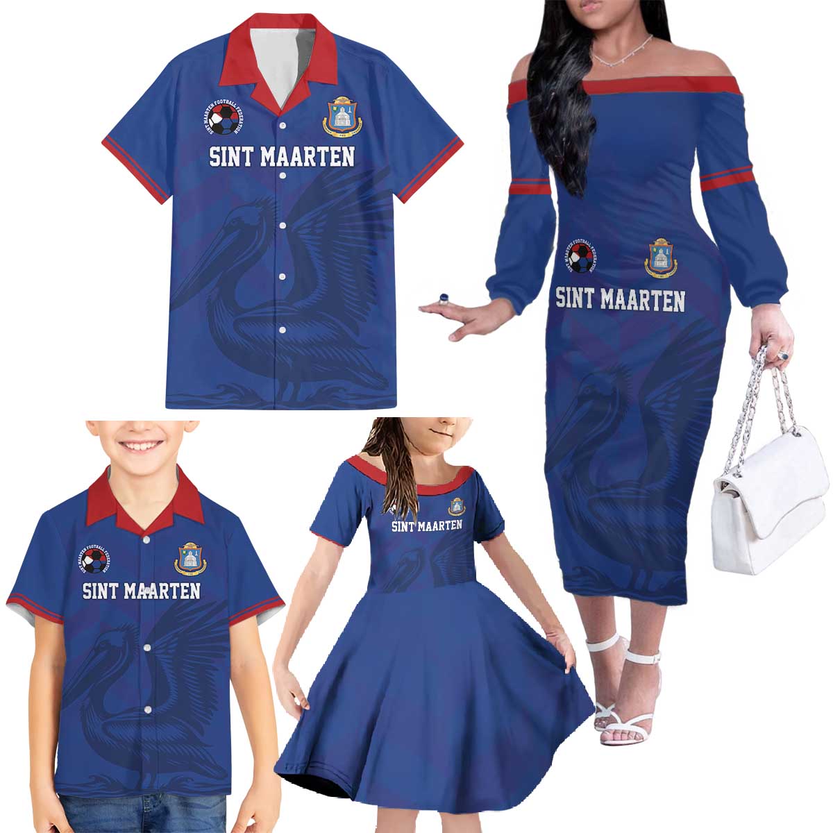 Custom Sint Maarten Football Blue Version Family Matching Off The Shoulder Long Sleeve Dress and Hawaiian Shirt Go Champion
