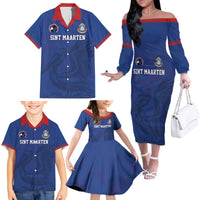 Custom Sint Maarten Football Blue Version Family Matching Off The Shoulder Long Sleeve Dress and Hawaiian Shirt Go Champion