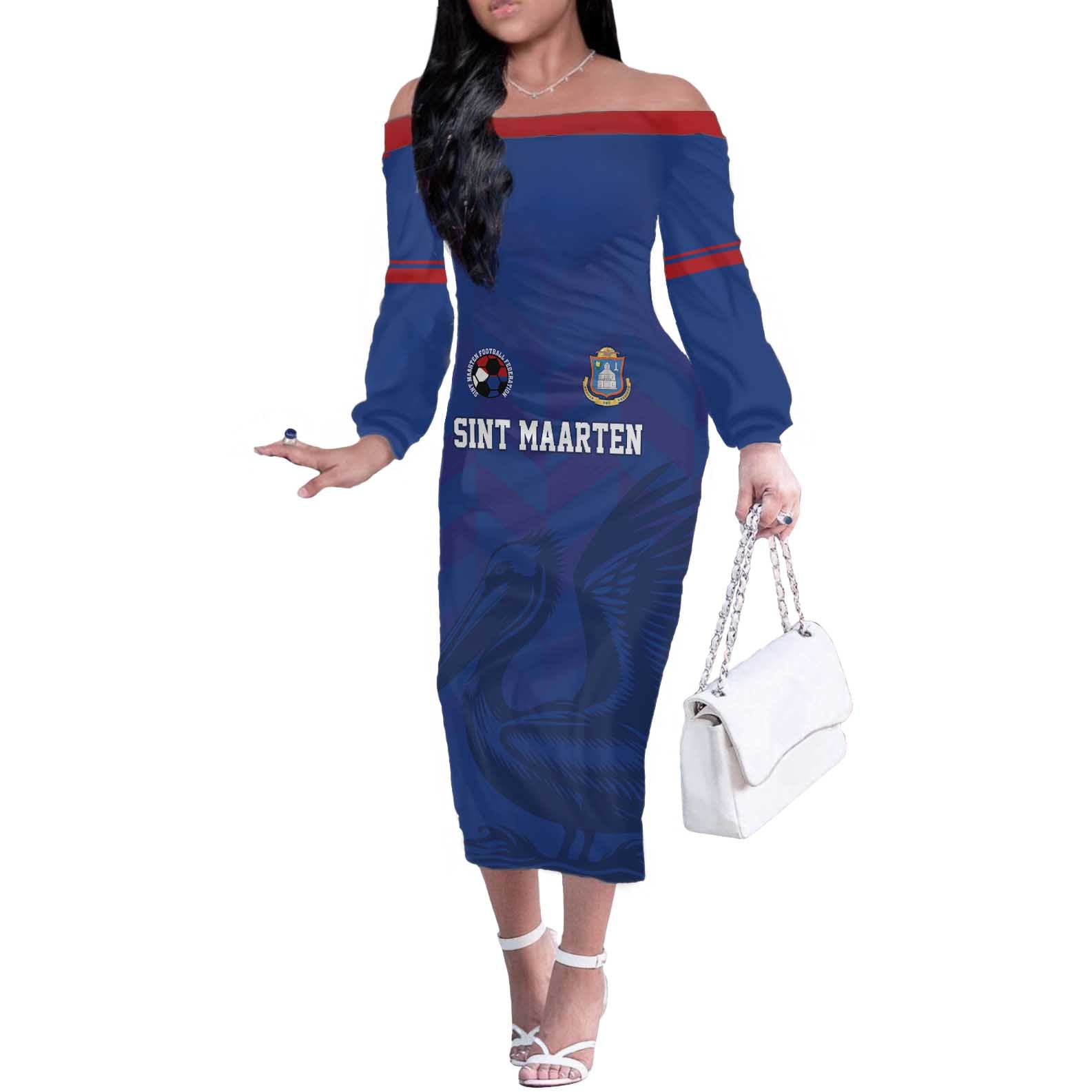 Custom Sint Maarten Football Blue Version Off The Shoulder Long Sleeve Dress Go Champion