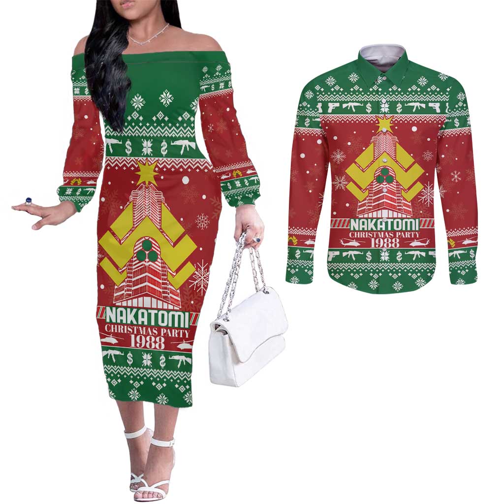 Nakatomi Christmas Party 1988 Couples Matching Off The Shoulder Long Sleeve Dress and Long Sleeve Button Shirt Christmas Funny - Wonder Print Shop