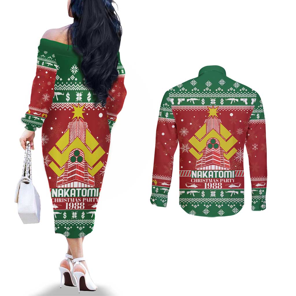 Nakatomi Christmas Party 1988 Couples Matching Off The Shoulder Long Sleeve Dress and Long Sleeve Button Shirt Christmas Funny - Wonder Print Shop