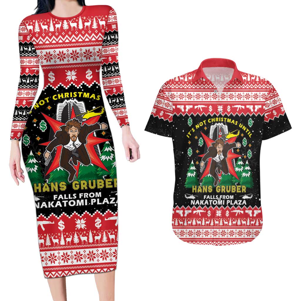 Nakatomi Plaza Christmas Couples Matching Long Sleeve Bodycon Dress and Hawaiian Shirt Hans Gruber Party 1988 - Wonder Print Shop