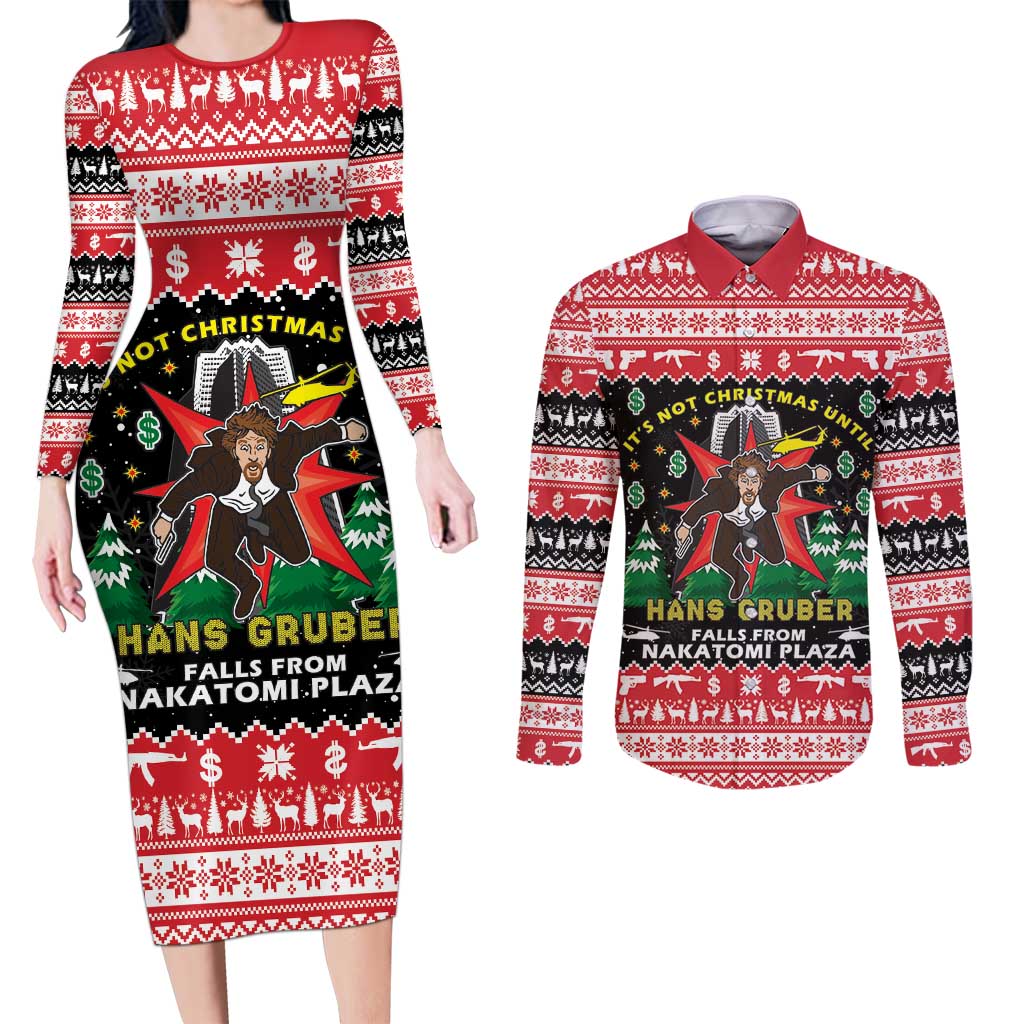 Nakatomi Plaza Christmas Couples Matching Long Sleeve Bodycon Dress and Long Sleeve Button Shirt Hans Gruber Party 1988 - Wonder Print Shop
