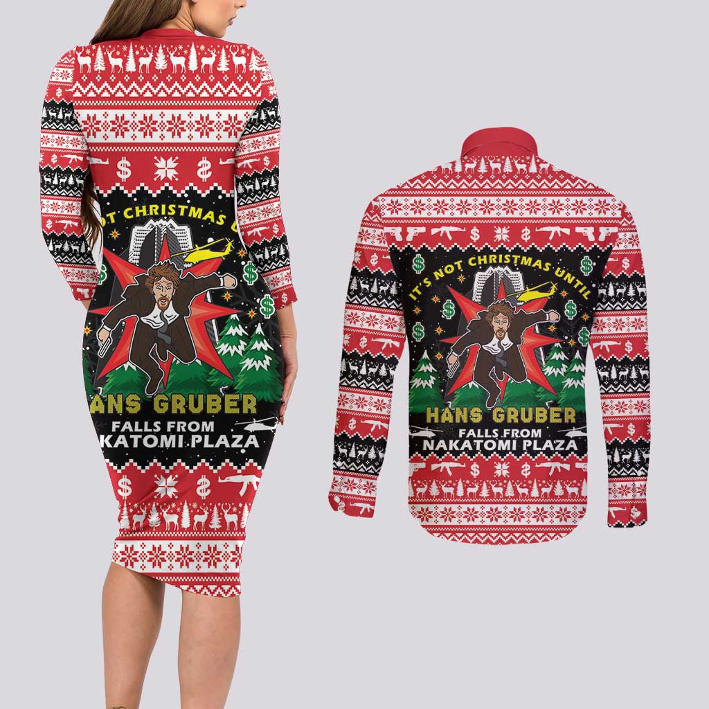 Nakatomi Plaza Christmas Couples Matching Long Sleeve Bodycon Dress and Long Sleeve Button Shirt Hans Gruber Party 1988 - Wonder Print Shop