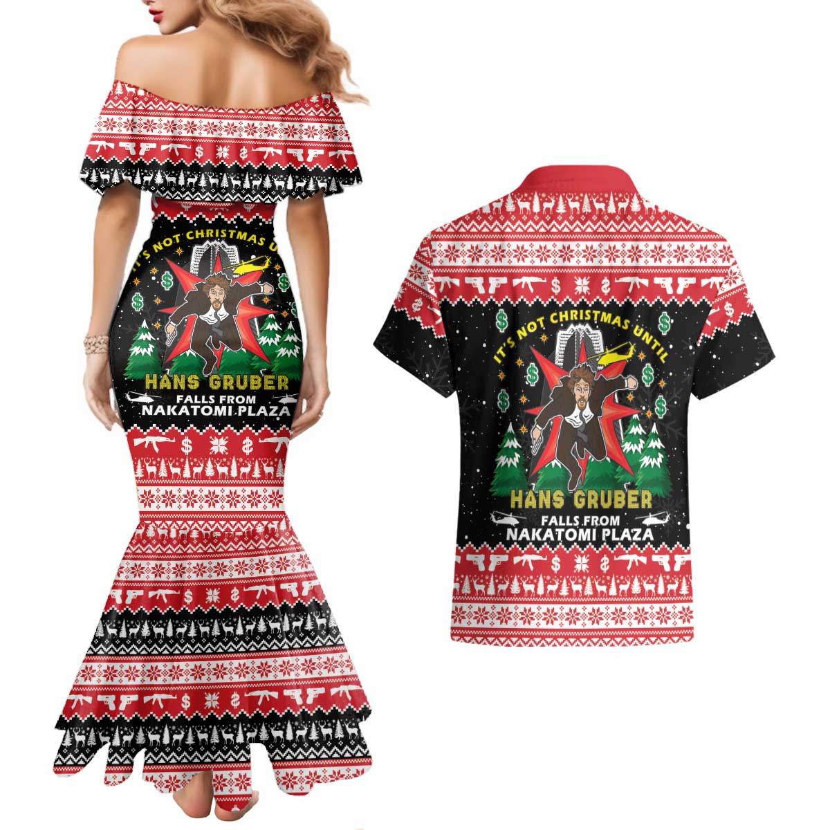 Nakatomi Plaza Christmas Couples Matching Mermaid Dress and Hawaiian Shirt Hans Gruber Party 1988 - Wonder Print Shop