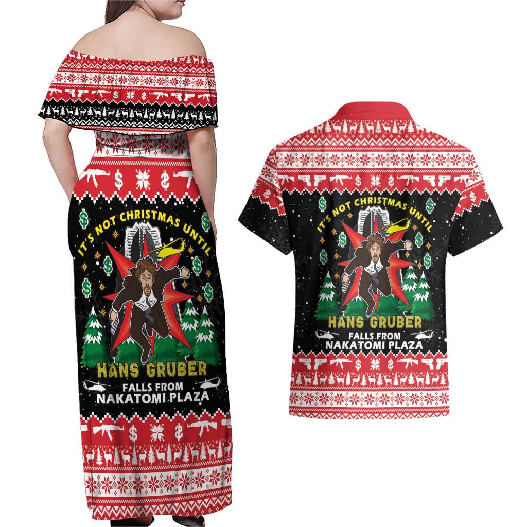 Nakatomi Plaza Christmas Couples Matching Off Shoulder Maxi Dress and Hawaiian Shirt Hans Gruber Party 1988 - Wonder Print Shop